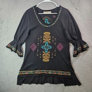 Urban Mangoz Tunic Top Women‎ Medium Embroidered Stretch Black